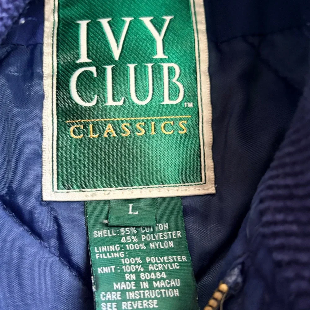 Ivy Club Classics Vintage Blue Bomber Jacket Mens Large Full Zip Cotton Blend